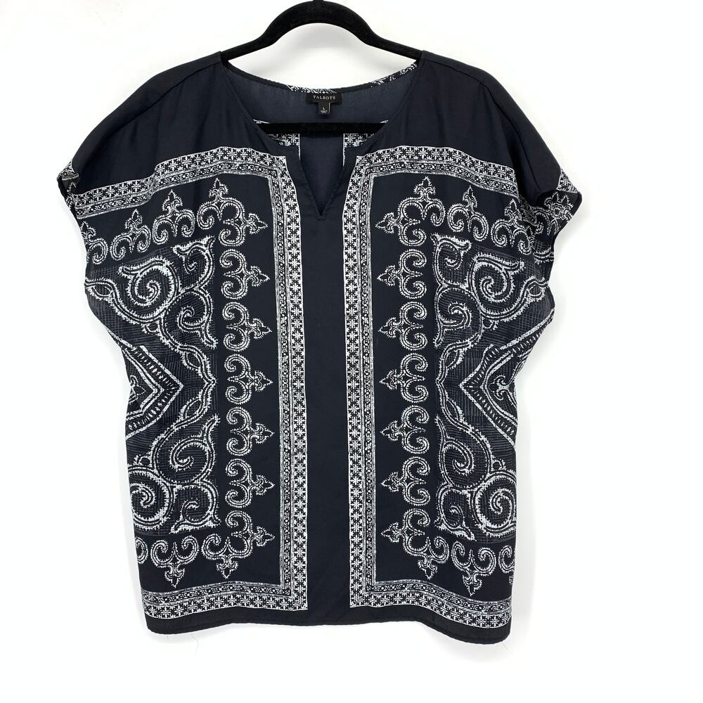 Talbots Dolman Sleeve Top Womens Size Large Black White Bandana Scarf Print